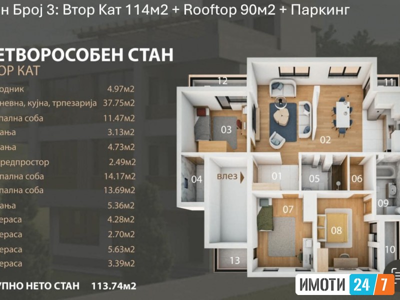 Четворособен Стан Втор Кат 114м2 + Rooftop 90м2 + Паркинг